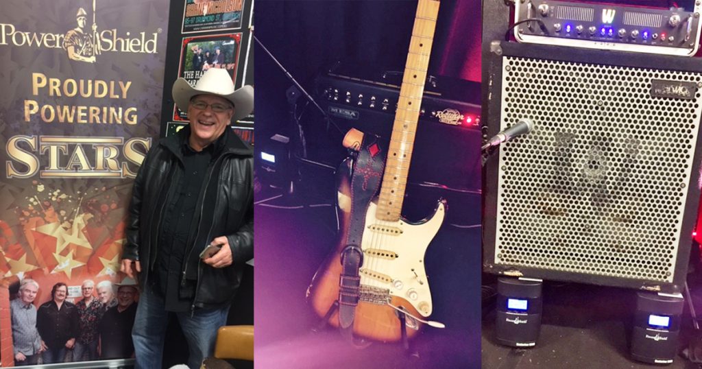 Images from a concert sponsored by PowerShield showing some people, a guitar and a speaker